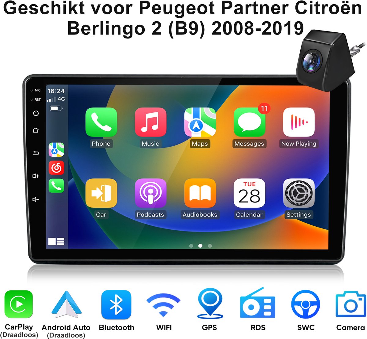 JUNSUN Android 15 Autoradio Geschikt voor Citroën Berlingo 2 (B9) 2008-2019, 4GB+64GB Draadloze CarPlay & Android Auto, DAB+, GPS-navigatiesysteem met Achteruitrijcamera, Bluetooth, SWC, WiFi, RDS, USB, 9-inch Touchscreen, DSP, Octa-core processor