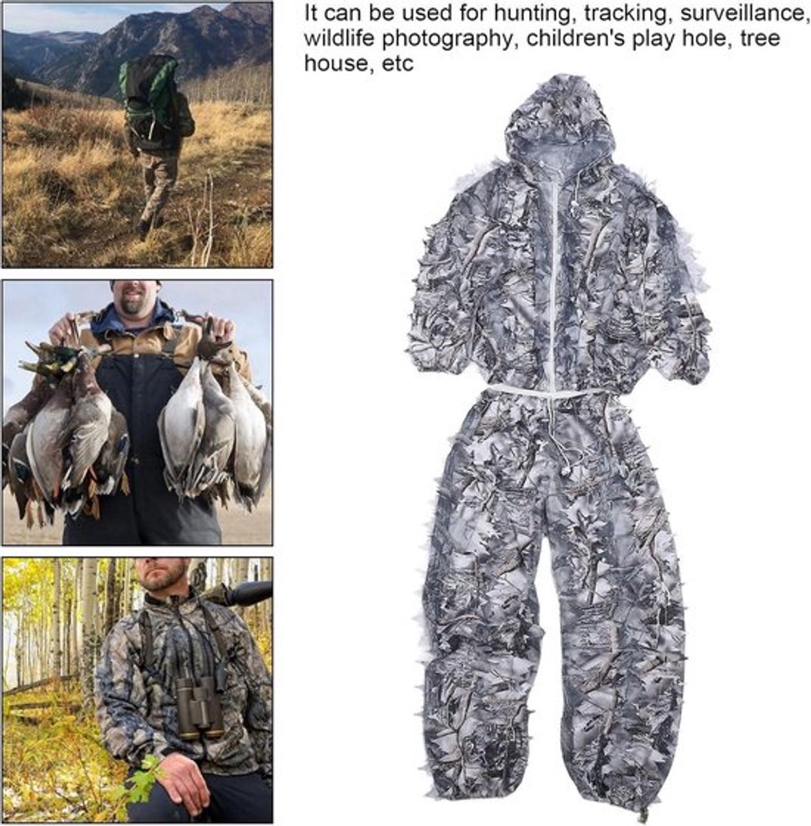 3D Leaf Suit ghilliekostuum in winter camo patroon, sneeuwcamouflagepak voor sneeuwjacht met realistische bladstructuur en comfortabele pasvorm