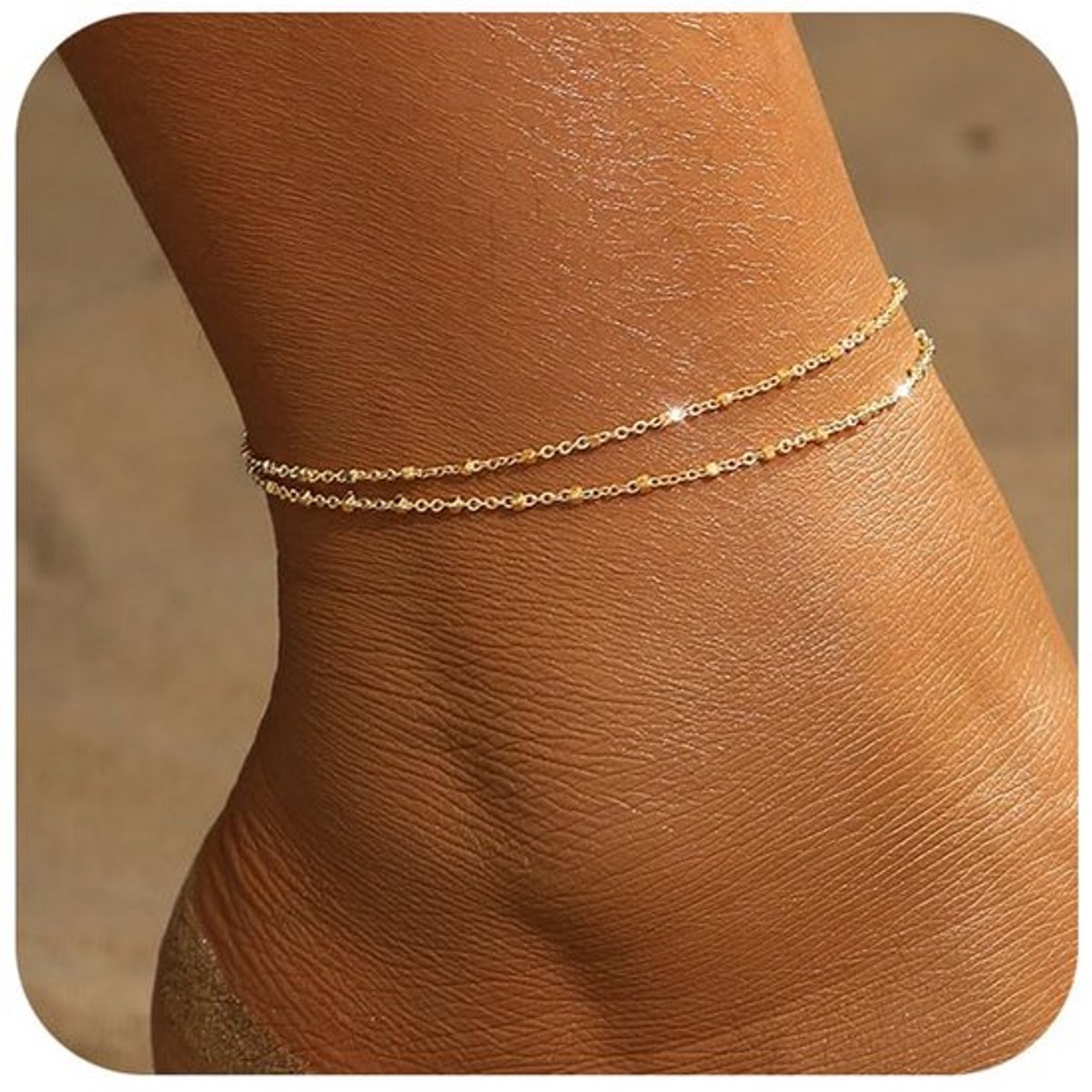 Gouden enkelbandje voor dames 14K goud enkelbandje, waterbestendig en licht, dubbele goudstip ketting set, trendy gouden sieraad als cadeau, Large, Geel goud