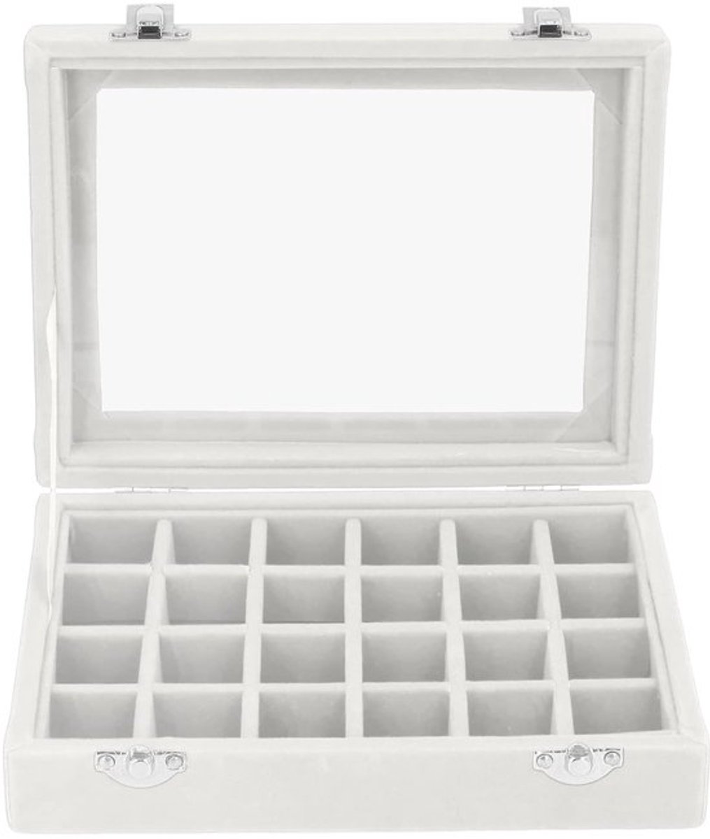 24 Grid Fluwelen Sieradendoos, Fluwelen Sieradendoos Organizer 24 Compartimenten met Transparante Deksel Oorbellen Ring Kettingen Armband Display Opbergdoos voor Meisjes en Moeder (Wit)