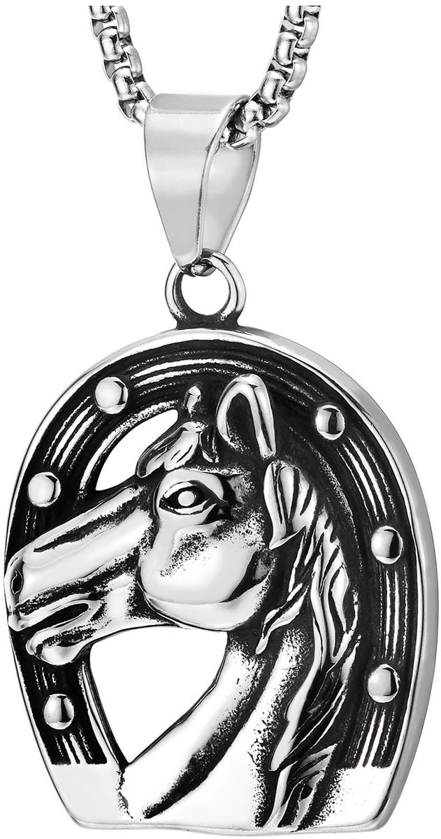 Elzusha - Vintage Sieraden - Halsketting - Roestvrij Staal - Paardenschoenhanger - 75 cm Stalen Tarweketting - Geschikt voor Dames en Heren - Gepol...