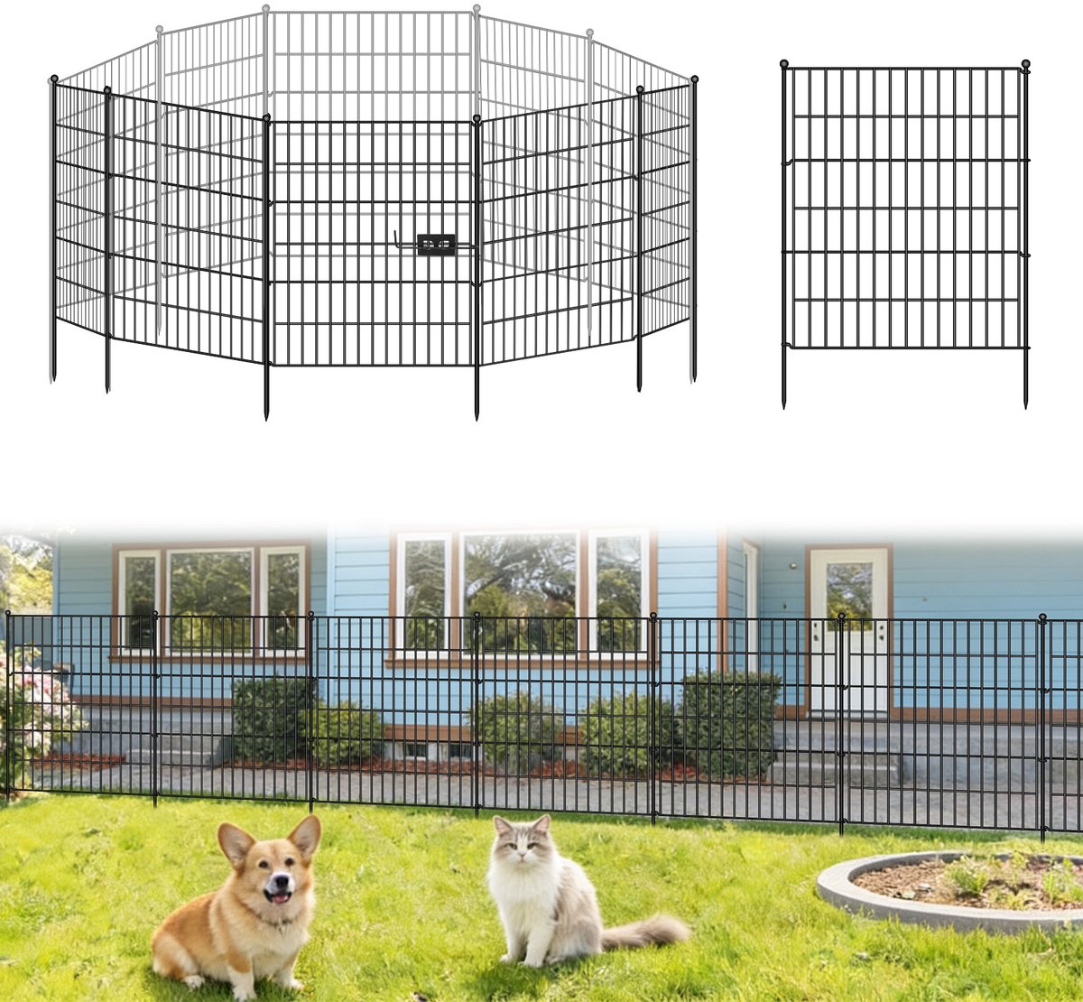 Lemlit Tuinhek met Poort 5 delig - Metalen Insteekhek met 4 Panelen en Hekpoort - Vijverhek en Dierenhek voor Hond Tuin Gazon en Border - 71 x 101 cm Breed - Zwart
