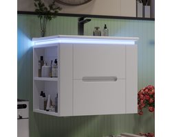 Wandhängender-Badezimmer-Waschtisch-MDF-Keramik-LED-Radarsensor-Soft-Close-Schubladen-Seitenablagen-Volllackierung-Weiß-Integriertes-Waschbecken-Modern-Badschrank