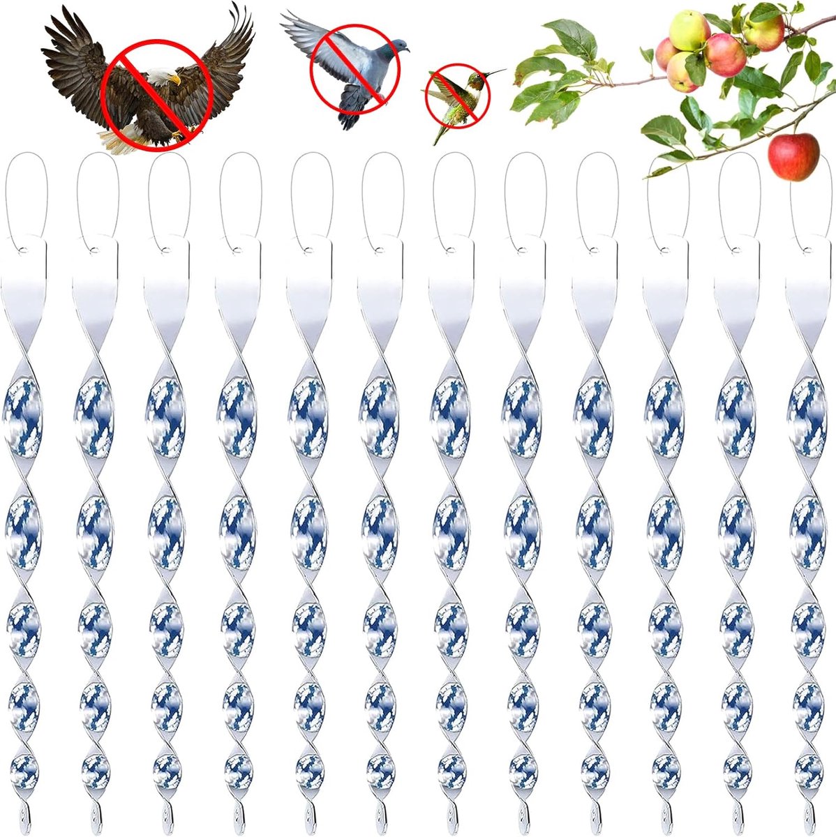 Reflecterende vogelwerende strips - 12 stuks - Vogelafweer - 360° spiraal - Vogelreflectoren voor buiten - Duivenverjager - Holografisch Vogelverjager - Alternatief voor Duivenpinnen en Vogelnet - voor balkon en tuin, huis, ramen, fruit -Zilver