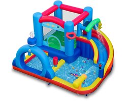 COSTWAY Opblaasbaar kasteel met waterglijbaan, springgedeelte, peuterbad, waterkanonnen, boksbal, ringwerpspel, schietspel, oceaanballen en basketbal, opblaasbaar waterkasteel voor kinderen, buitenwaterpark