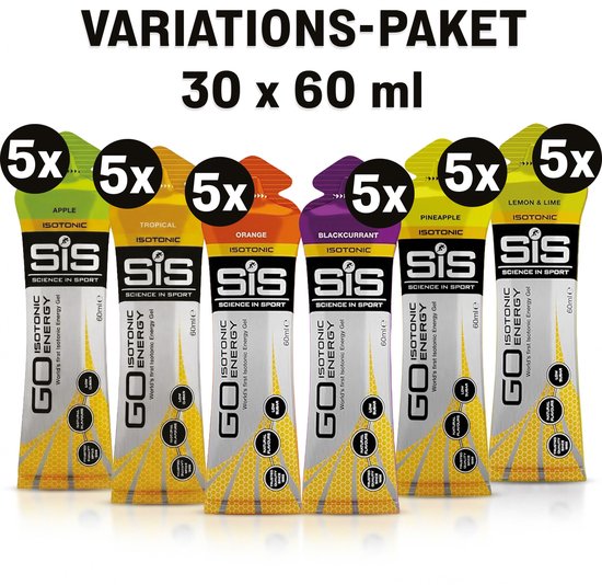 Science in Sport GO Isotonic Energiegel: 30 x 60 ml Variatiepakket met 5x Apple, Tropical, Orange, Blackcurrant, Pineapple en Lemon & Lime.