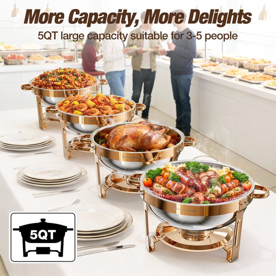 Warmounts Chafing Dish Set 4 stuks - 5QT Roestvrijstalen Buffetwarmer Rond Roségoud met Glazen Deksel & Dekselhouder - Stapelbare Party- en Cateringoplossing — afbeelding 2