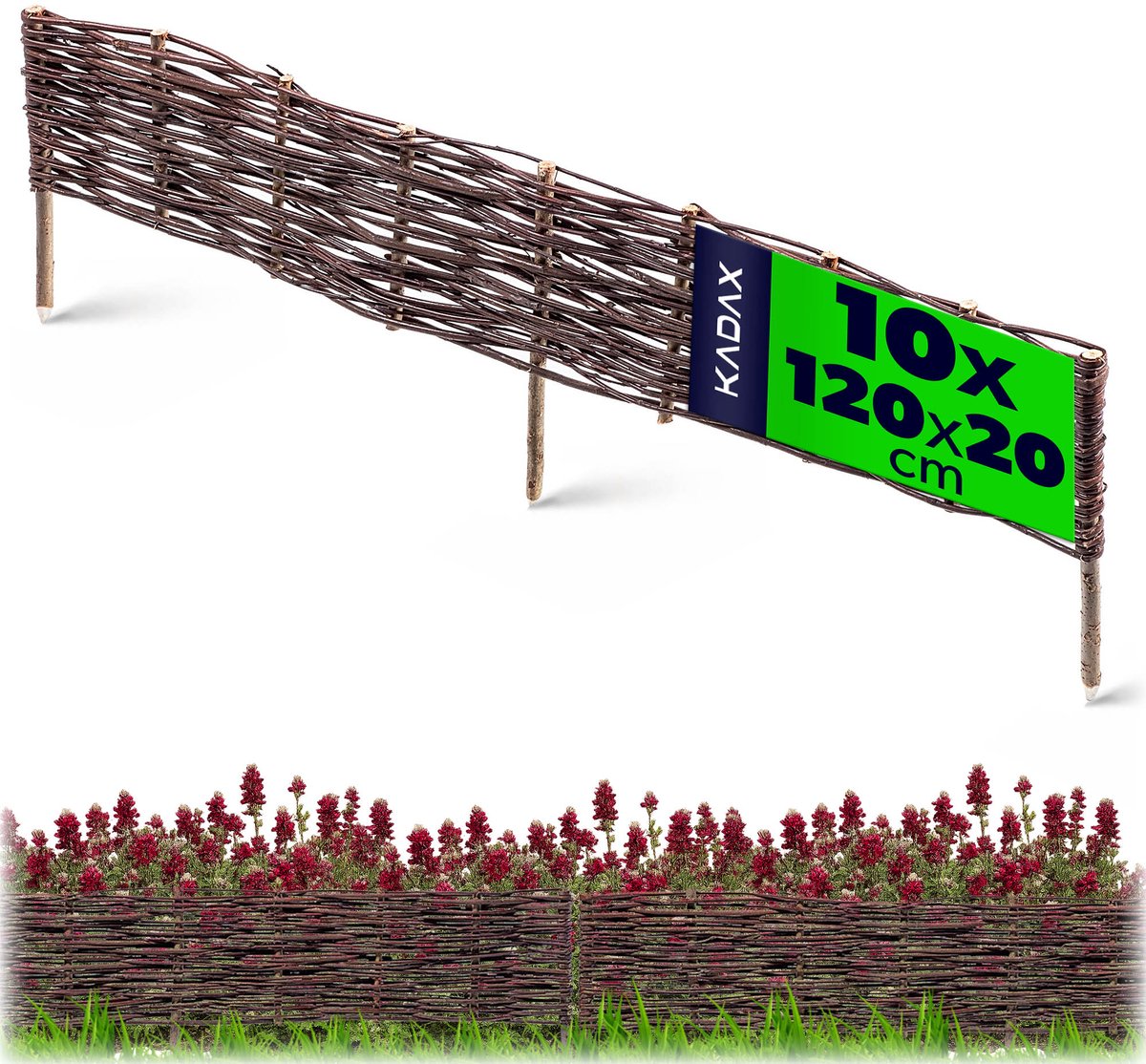 KADAX Palissade van wilgentenen, natuurlijk wilgenhek, handgemaakt wilgenvlechthek, tuinhek voor paden en bloembedden, omheining gazonrand (10 stuks 120 x 20 cm)