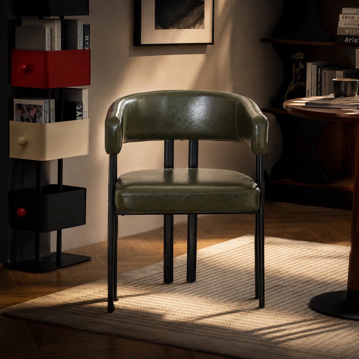 Welltin Eetkamerstoel groen met armleuninge, Eettafelstoel, Eetkamerstoelen, Leermateriaal, U-vormige rugleuning, verstelbare poten - Scandinavische stijl