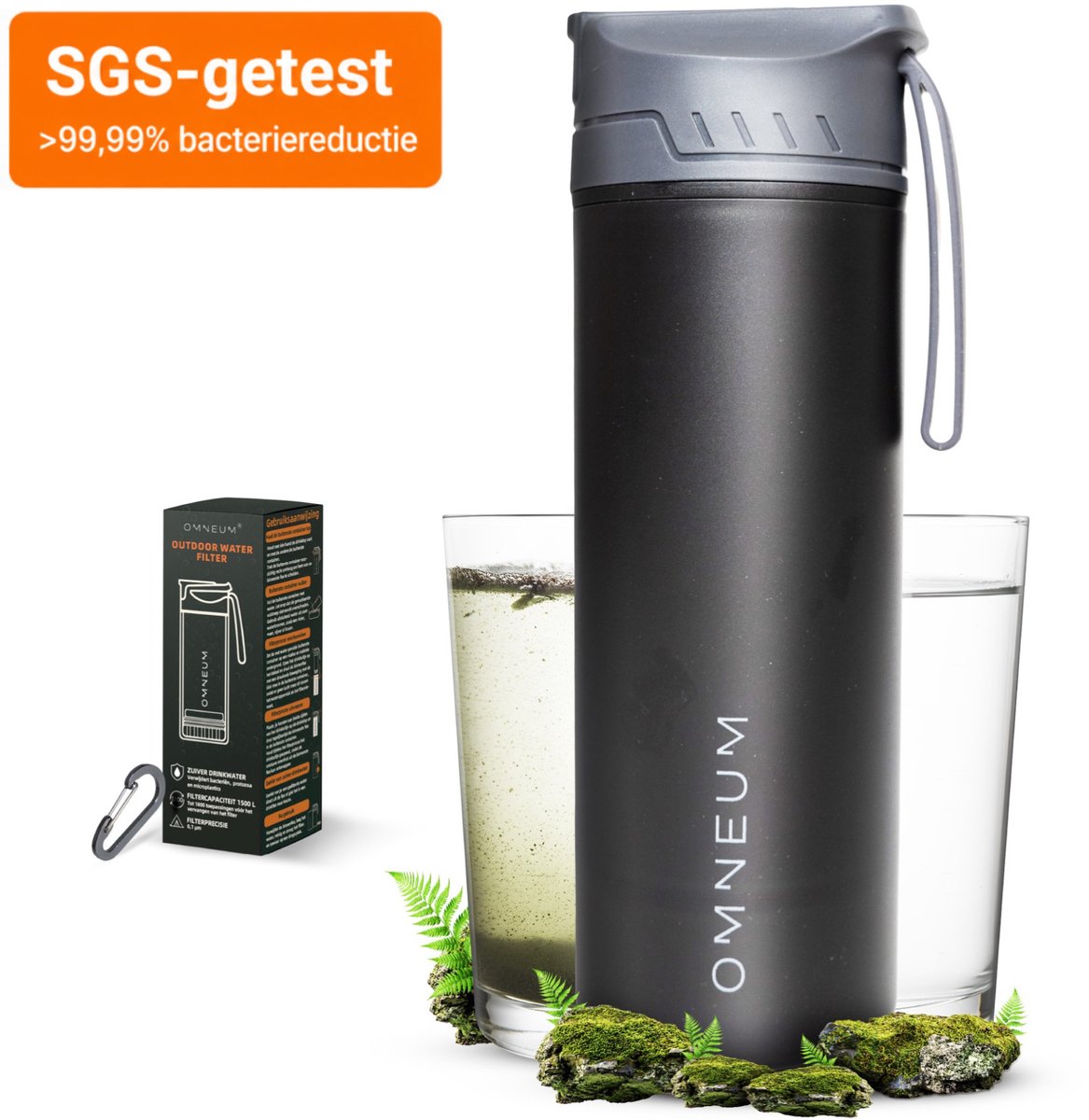 Cover van Omneum® Waterfilter Drinkfles - BPA-vrij Waterzuiveringsapparaat (1500 L) met Geïntegreerd Filter - Voor Noodsituatie & Noodpakket - Direct Veilig Drinkwater Zonder Pomp of Slang - Survival, Outdoor & Camping - Waterzuiveraar - 500 ml