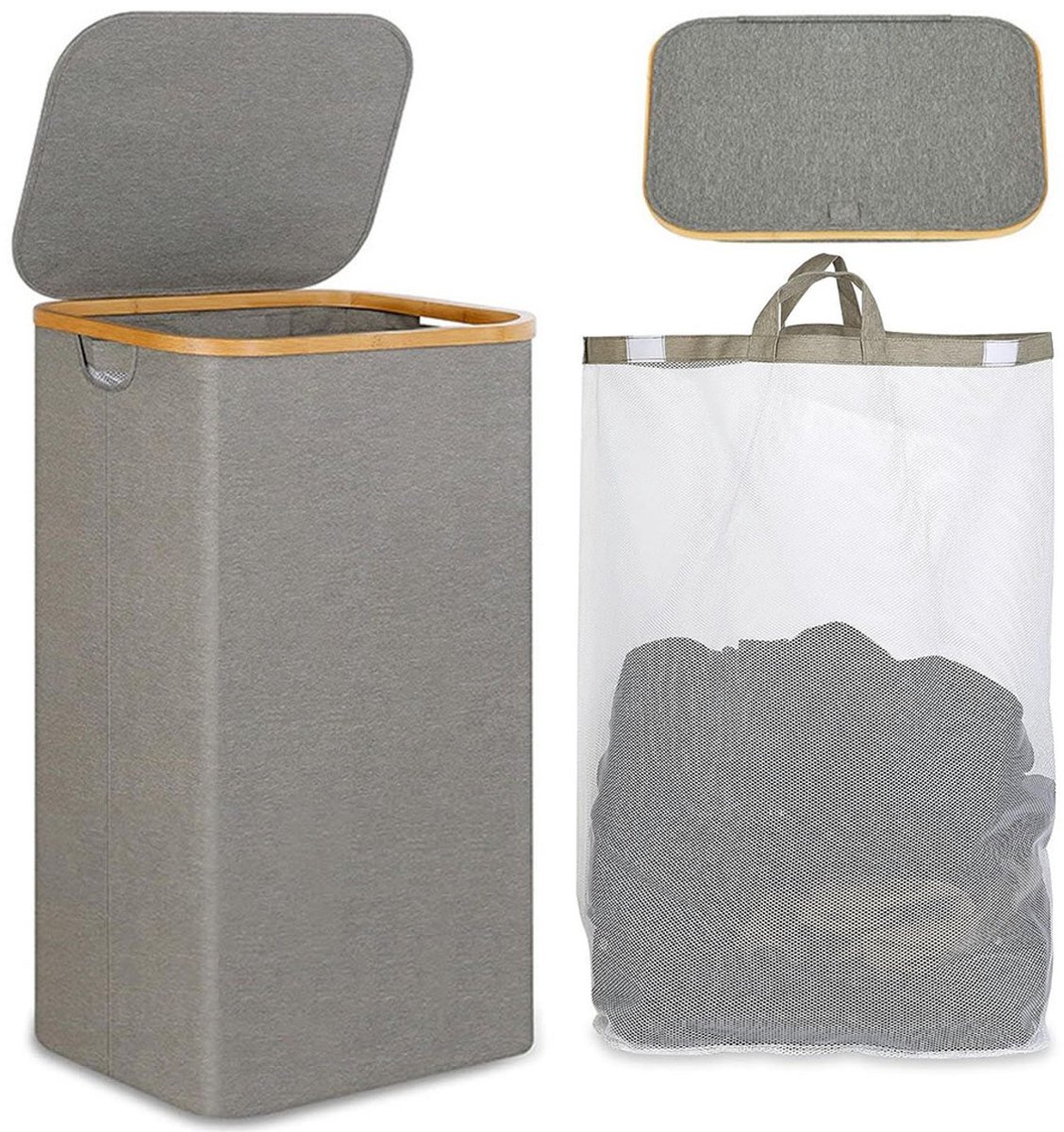 Wasmand Wasmand Met Deksel – 100L Grote Opslagcapaciteit – Opvouwbare Waszak Van Oxford Stof – Bamboe Wasbox Met Handgreep – Met Uitneembare & Wasbare Binnenzak – Grijs/Zwart – Voor Slaapkamer, Badkamer & Wasruimte