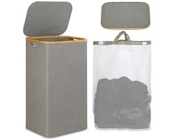 Wasmand Wasmand Met Deksel – 100L Grote Opslagcapaciteit – Opvouwbare Waszak Van Oxford Stof – Bamboe Wasbox Met Handgreep – Met Uitneembare & Wasbare Binnenzak – Grijs/Zwart – Voor Slaapkamer, Badkamer & Wasruimte
