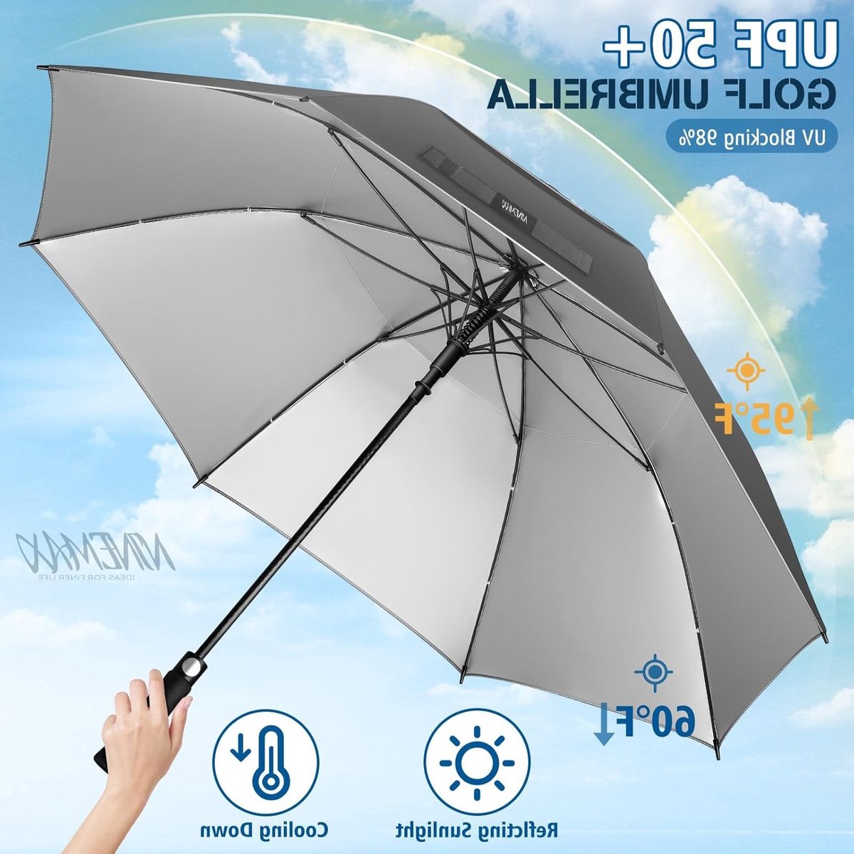 Dailygoods - NINEMAX UV Golf Paraplu Winddicht 175CM Golfparaplu Automatische Open Grote Storm,Double Canopy met Schouderband voor Familie Mannen(Zwart/Zilver) — cadeau in Mode & Accessoires - foto 2