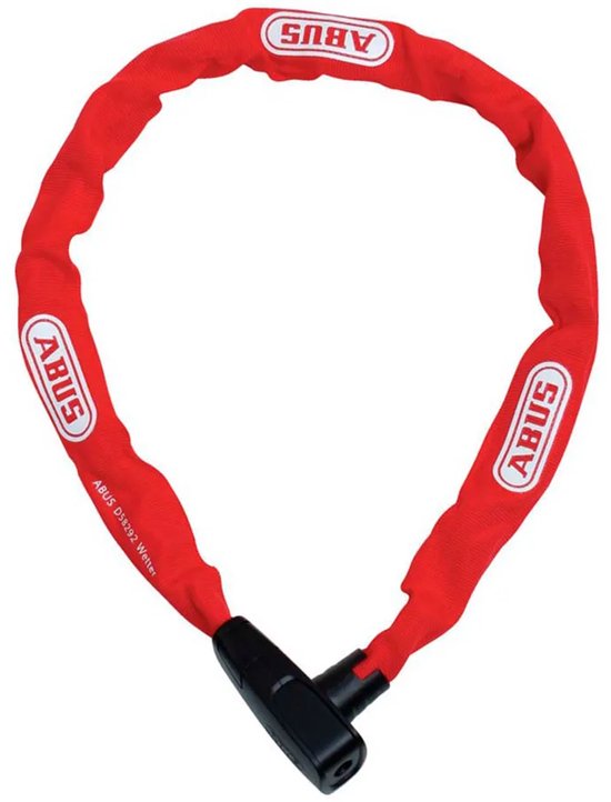 Rood ABUS kettingslot met witte ABUS logo's en een zwarte sluiting.