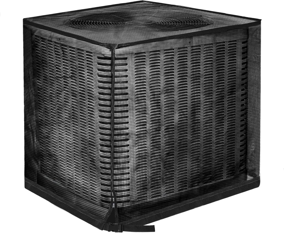 Ulisem Afdekhoezen voor buitenairco's – Luchtdoorlatende mesh-hoes voor buitenunits – All-season bescherming tegen verstopping door pluisjes, bladeren en onkruid - 90*90*100cm zwart