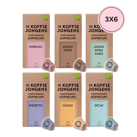 De Koffiejongens - geschikt voor Nespresso - Proefpakket - 100% biologisch afbreekbaar - 180 koffiecups