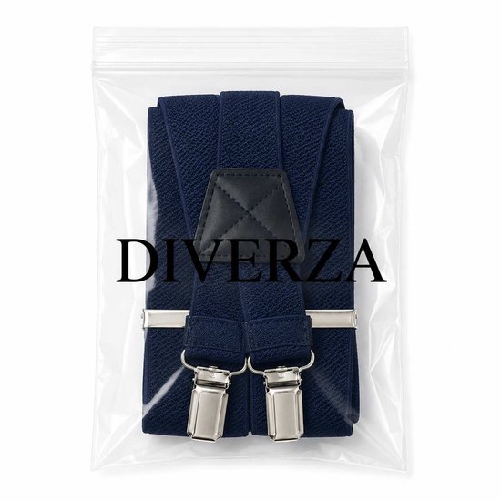 Donkerblauwe bretels met 4 zilverkleurige clips en zwart lederen kruisstuk met DIVERZA logo, verpakt in plastic.