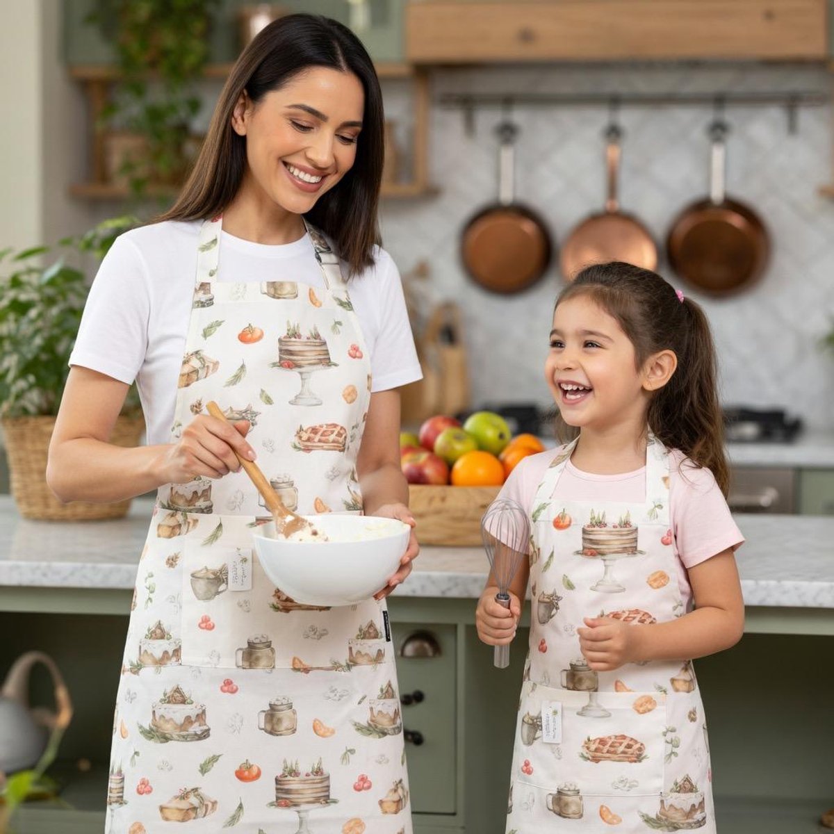 Schorten Set Moeder en Kind - Mini & Me Keukenschorten -Volwassen + Kinder Schort - Taart - Pie