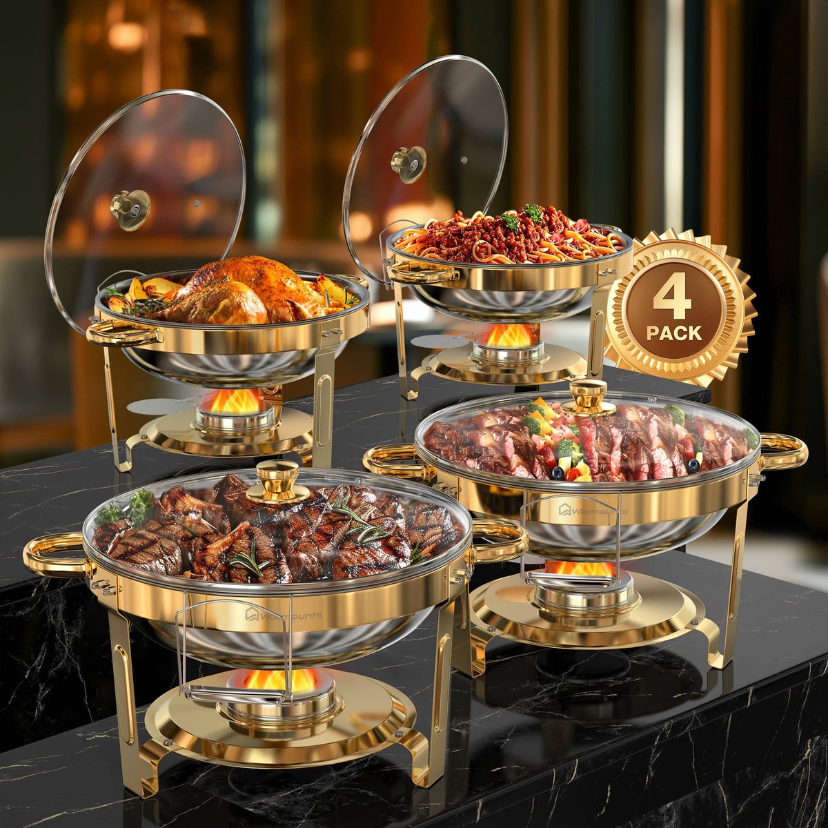 WARMOUNTS 4-delige Luxe Goudkleurige Ronde RVS Chafing Dish Set 4,7L – Buffetverwarmer voor Thuis, Party, Kerst, Feestdagen en Bruiloften