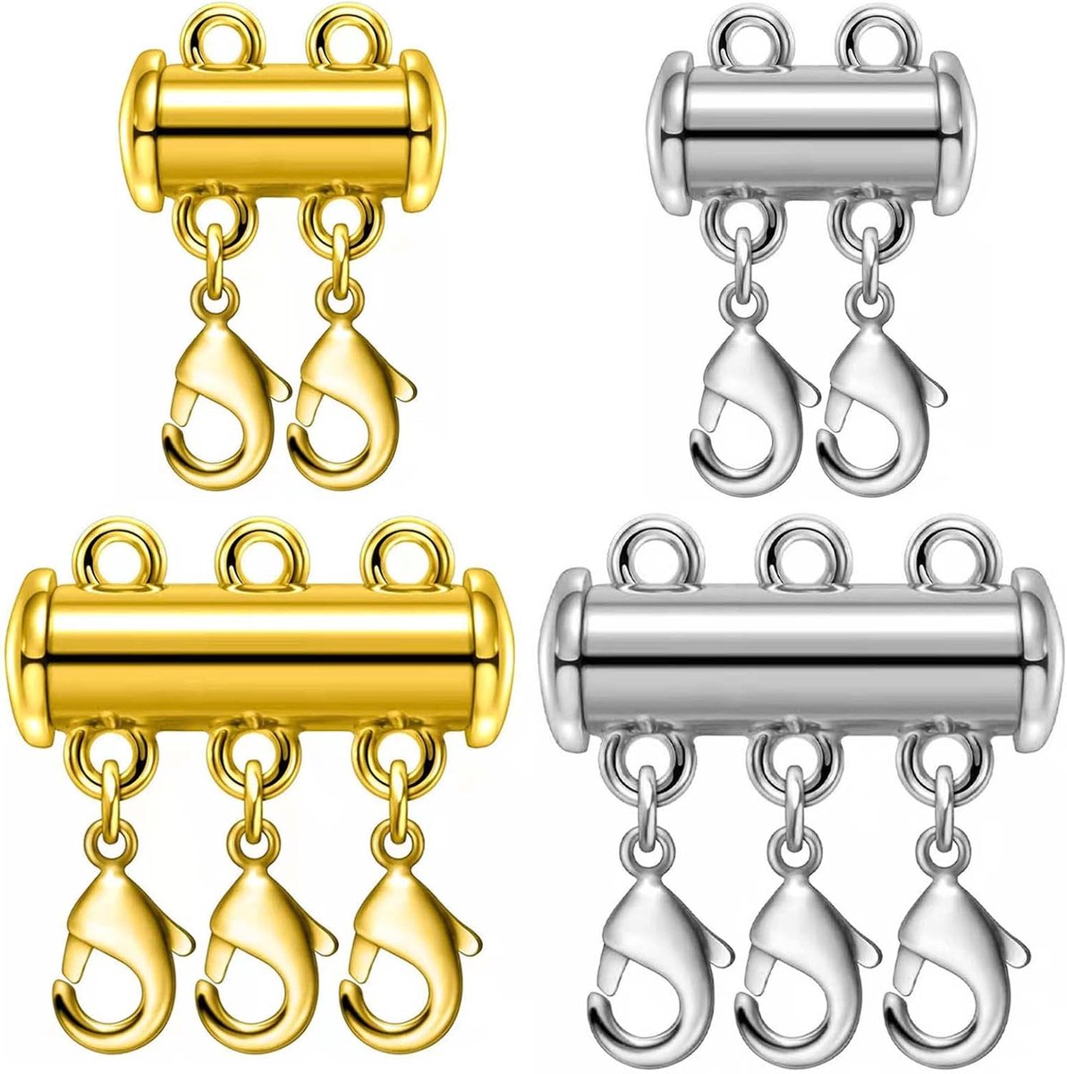 Kettingstapelsluiting - 4 stuks - Magnetische sluiting voor het verbinden van kettingen - Schuifsluiting, verbindingsstuk voor meerdere kettingen, schuifbare buisvormige sluiting - Sieradenaccessoires - Goud, Zilver
