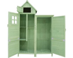Groen Tuinhuisje – 116x52x170 cm, Massief Hout, Weerbestendig – Gereedschapskast met PVC Dak, 2 Planken – Opbergschuur voor Tuin, Terras of Balkon (Houten Schuurtje)