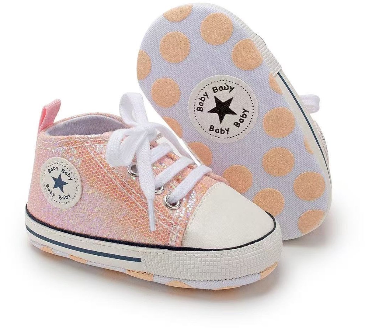 Stoere Baby Schoenen - Babysneakers van Baby-Slofje - Zalm met glitter maat 18 ( 12 cm)