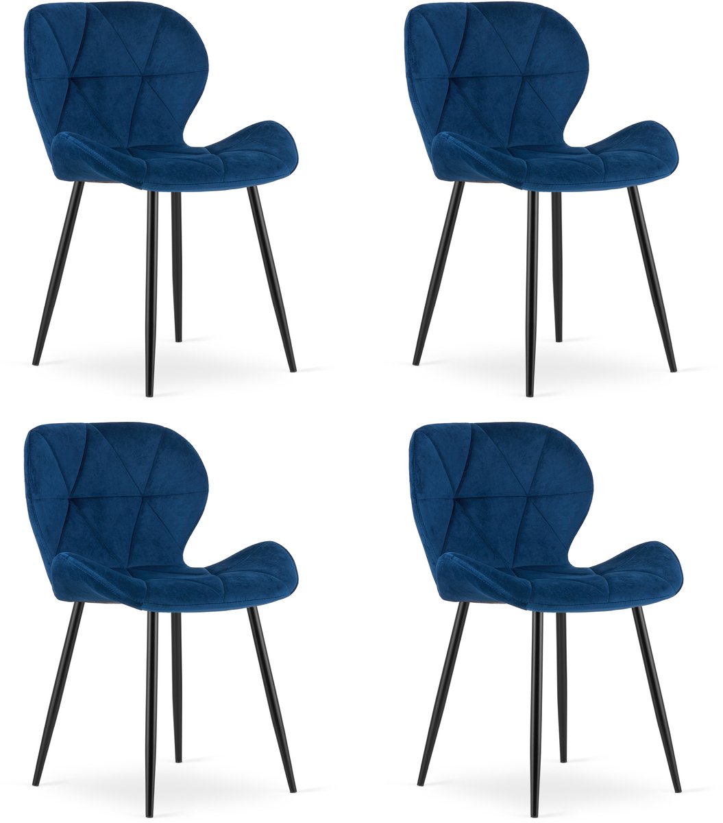 Set van 4 eetkamerstoelen MANGO – Donkerblauw fluweel – Zwarte poten – Modern design