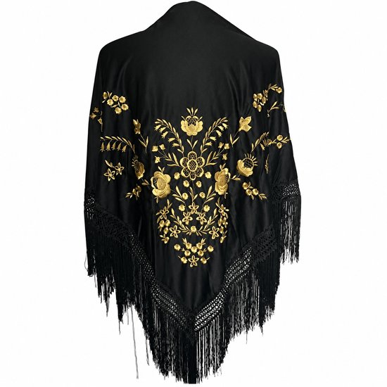 La Señorita - Spaanse manton - omslagdoek – zwart goud Large met zwarte franjes