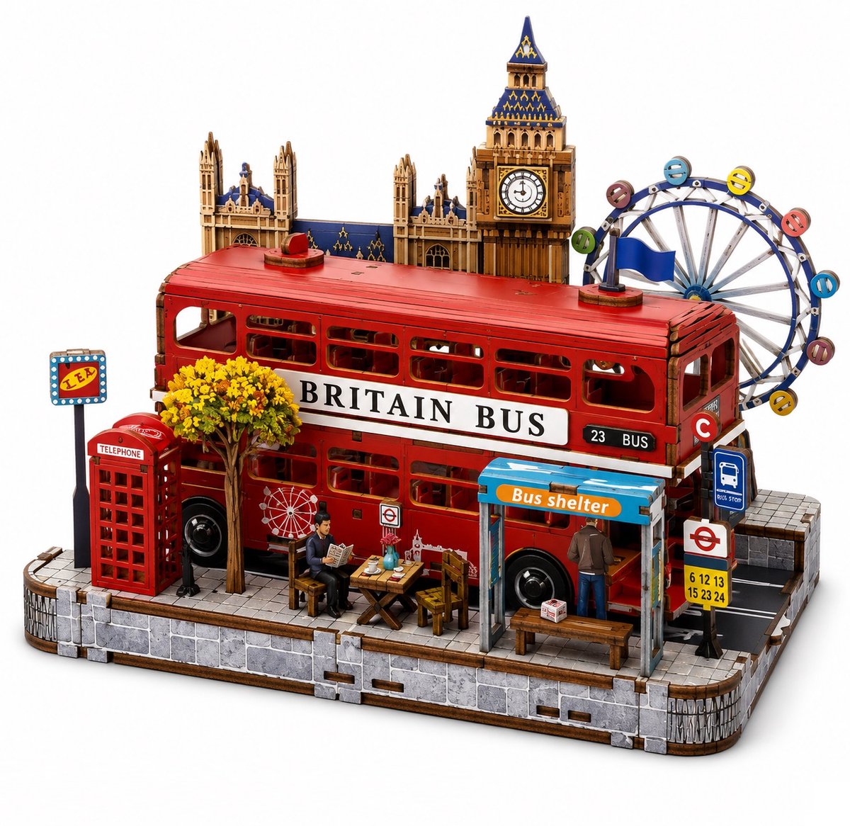 Beehub, London Dubbeldek Bus met verlichting Houten Modelbouw Creatief & Educatief