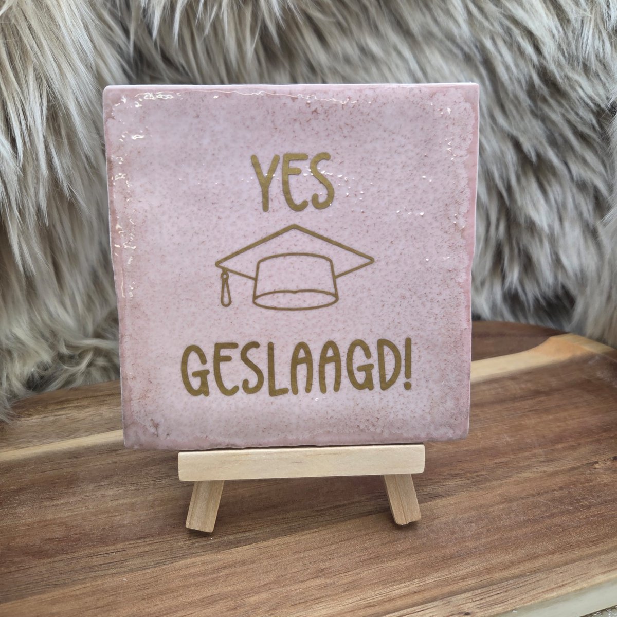 CreaCraft Robuust Wenstegeltje Yes Geslaagd! – Cadeau voor Geslaagde – Decoratief Aandenken – Wenstegeltje – Trendy nu – Decoratief Tegeltje met Standaard – Cadeau Idee Robuust lichtroze/Goud