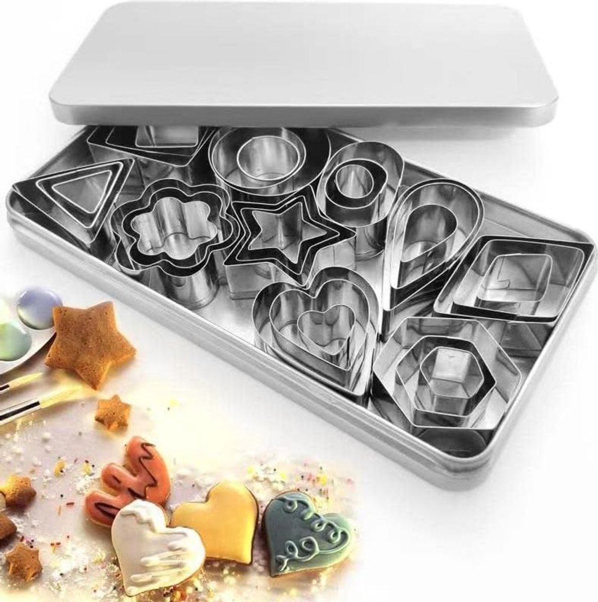 Set van 30 koekjesvormpjes, gemaakt van roestvrij staal.
