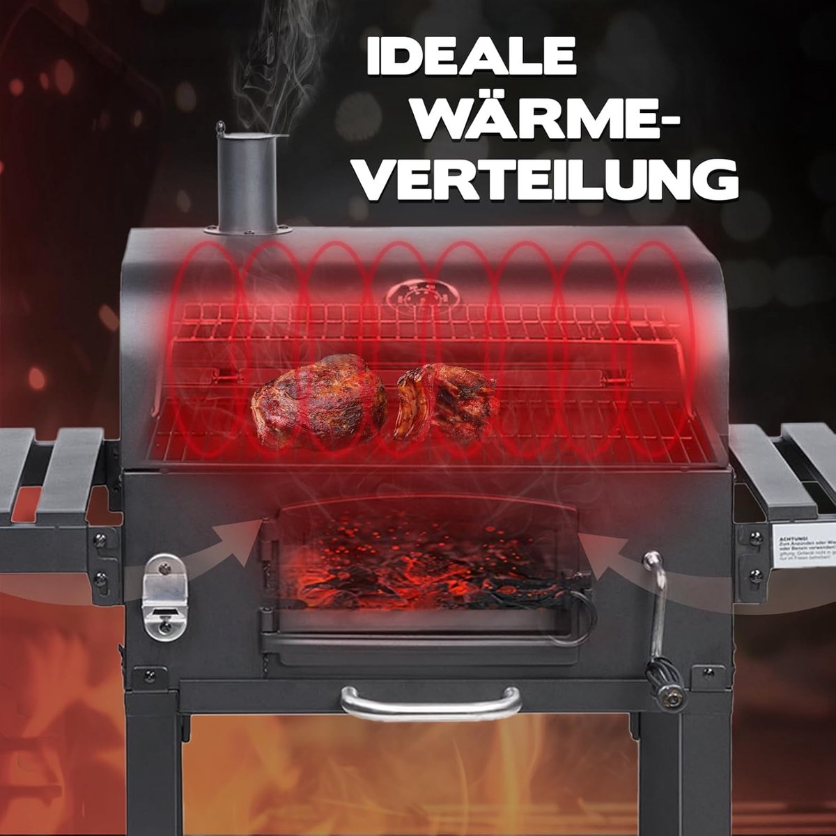 Houtskool BBQ Smoker Grillwagen – Grote Staande Barbecue Rookoven met Temperatuurmeter, In Hoogte Verstelbaar Grillrooster, Zijtafels & Wielen – House&Garden Hero XL Outdoor Grill – 124x66x113,5 cm