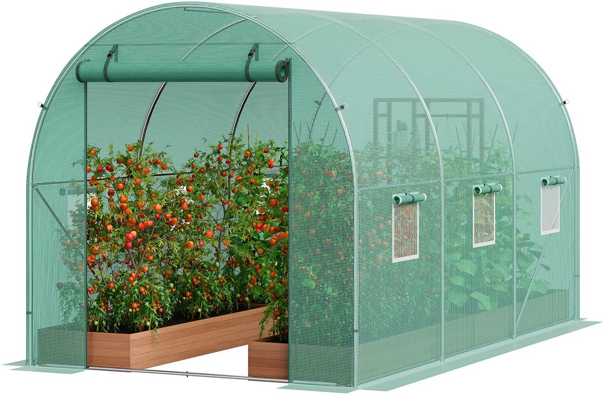 Wandelbare Tunnelkas met Stalen Frame 292×196×190 cm – Grote Inloop Tuinkas met PE Afdekking, Oprolbare Ritsdeur en Ventilatieramen - Tuin Kas Groen