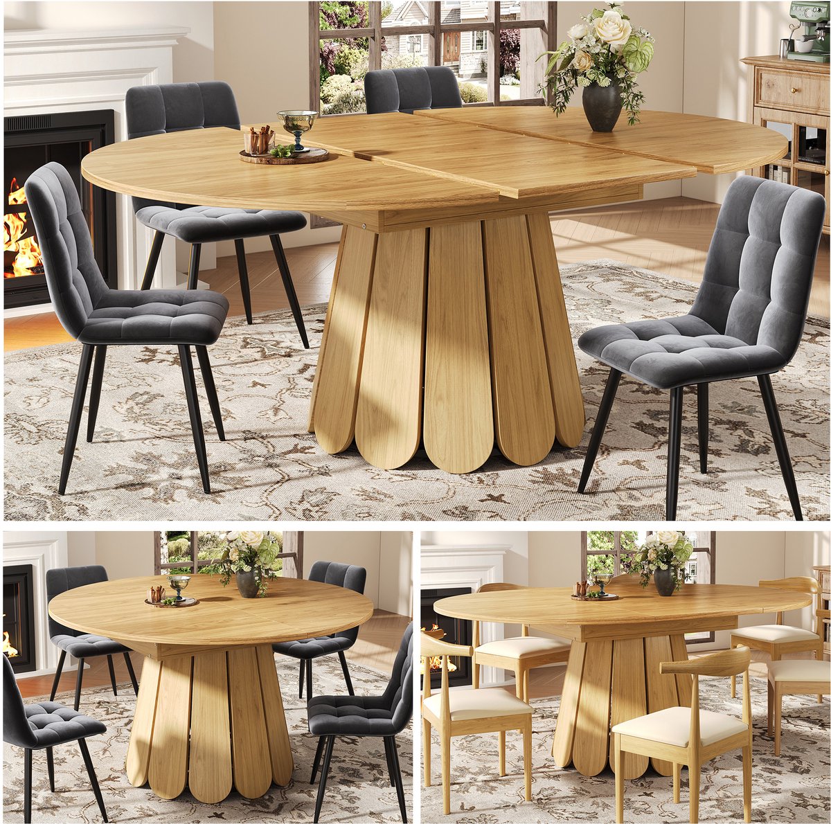 Telescopische Eettafel, Uitschuifbare Eettafel, Eetkamertafel, Keukentafel, Balkontafel, Houten Eettafel - Ronde Eettafel, Uitschuifbaar tot Ovaal, 118-158 cm, Biedt Plaats aan Maximaal 6 Personen-Natural