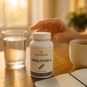 Een hand pakt een potje Naturecan Urolithin A op een tafel met een glas water, een mok en een notitieboekje.
