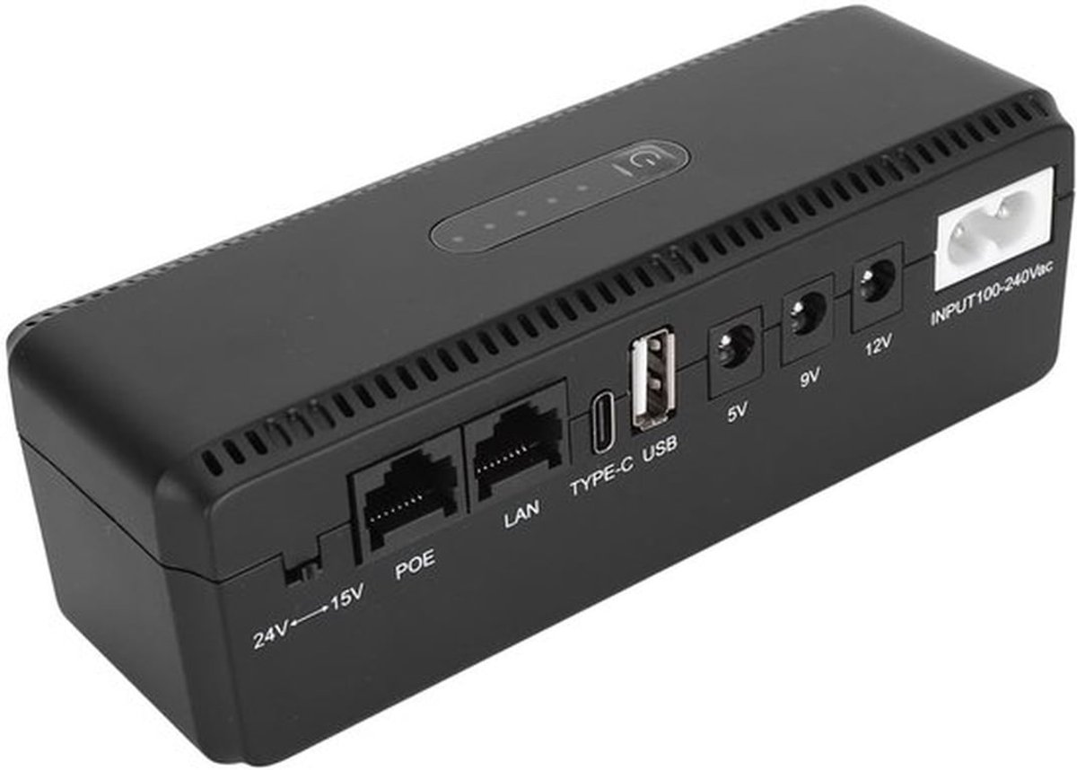 UPS Accu Backup, 10400mAh Ononderbroken Stroomvoorziening met 15V 24V POE Poorten en 5V 9V 12V USB Uitgangen, Mini UPS Backup Accu Stroomvoorziening voor Router, Modem, Beveiligingscamera