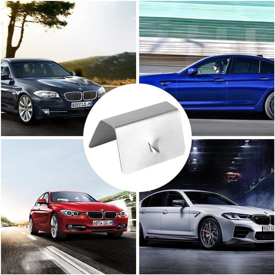 Collage van auto's en een zilverkleurige metalen klem, U-vormig met inkeping, voor auto-windgeleiders.