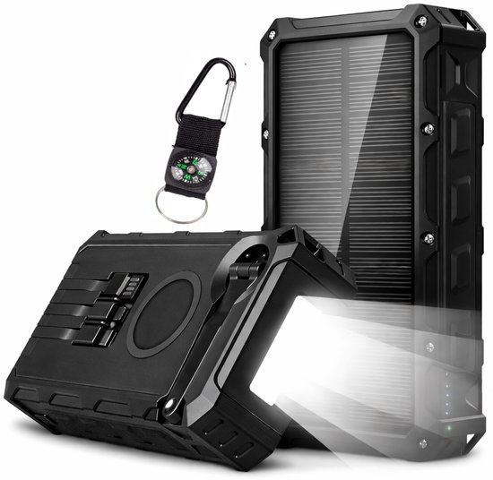 Zwarte powerbank met zonnepaneel, handmatige slinger, LED zaklamp en kompas aan koord.