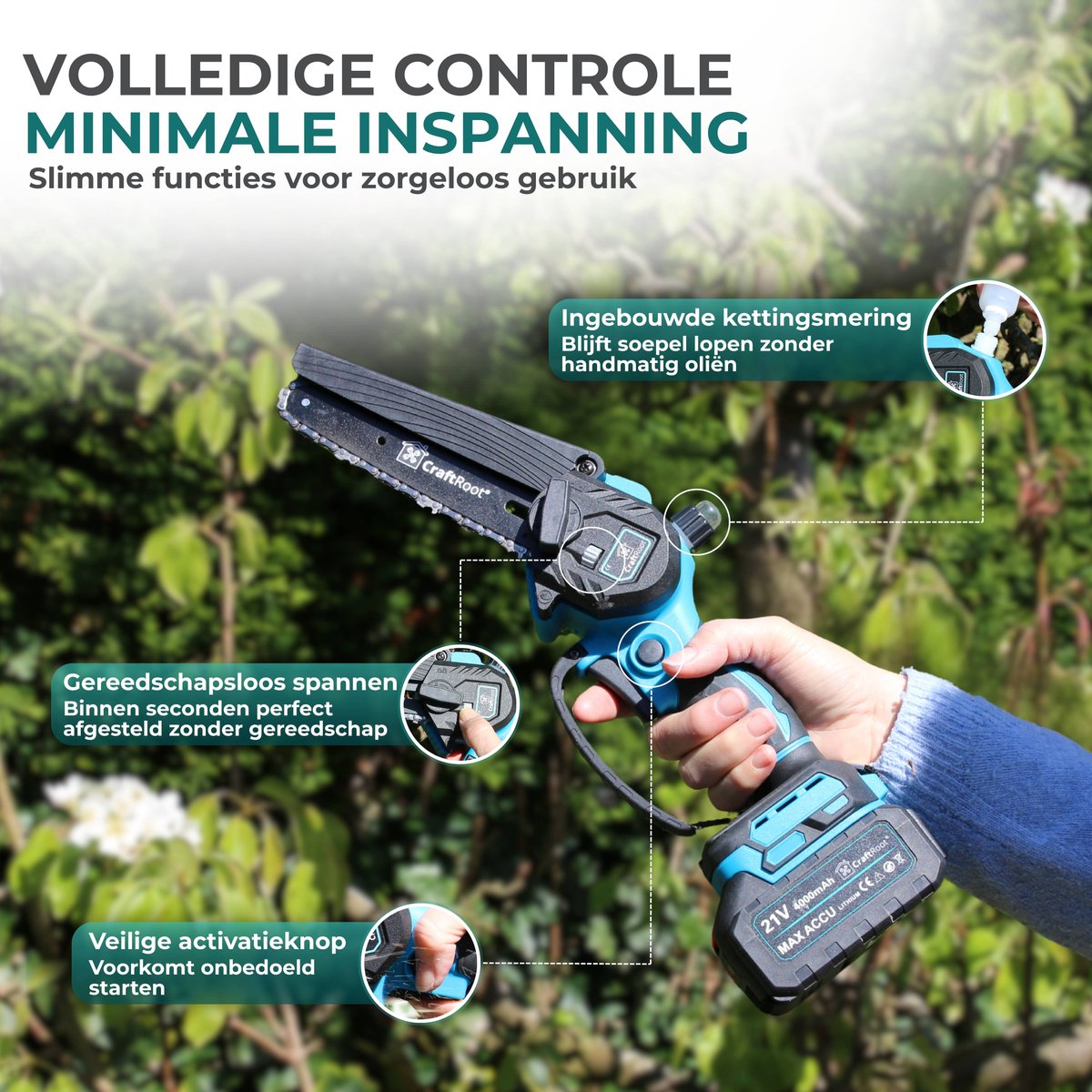 CraftRoot Elektrische Mini Kettingzaag - Draadloze Compacte Kettingzaag met Automatische Kettingsmering - Handkettingzaag - Snoeizaag - Takkenzaag - 2x 4.0Ah Accu's - Opberg Koffer - Brushless – foto 7