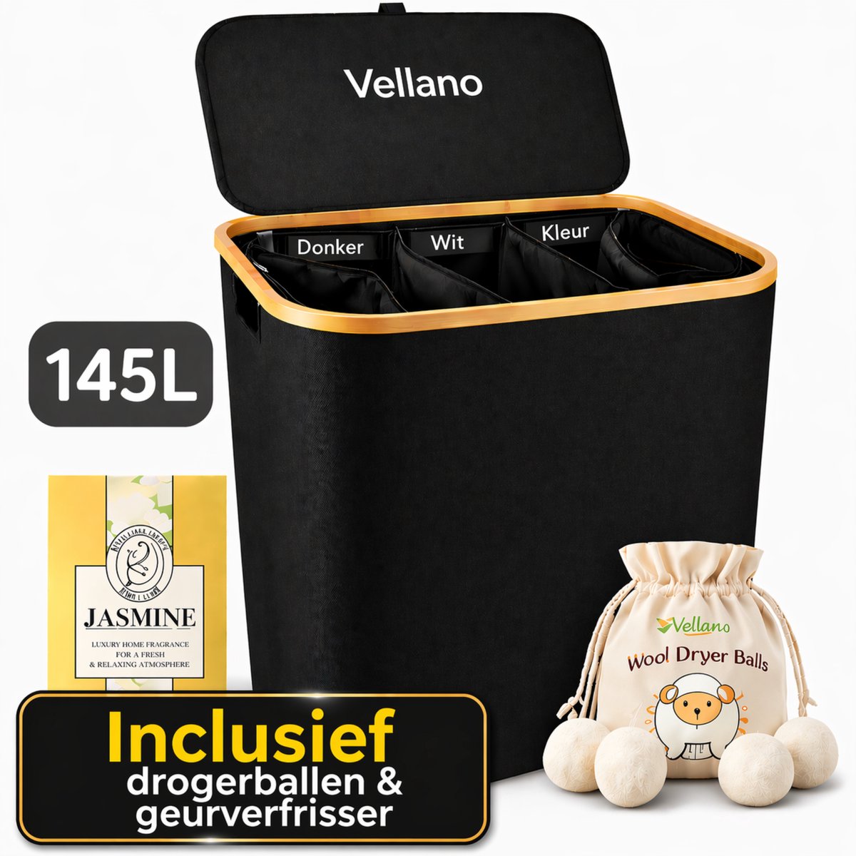 Vellano Wasmand 3 Vakken – Wassorteerder met Deksel – 145L – 3 Uitneembare Waszakken – Bamboe Frame – Incl. Drogerballen & Jasmijn Geurverfrisser