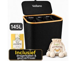 Vellano Wasmand 3 Vakken – Wassorteerder met Deksel – 145L – 3 Uitneembare Waszakken – Bamboe Frame – Incl. Drogerballen & Jasmijn Geurverfrisser