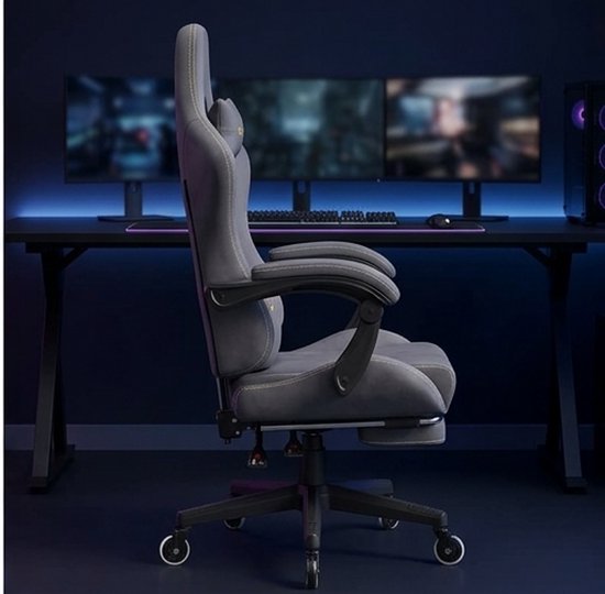 Premium Ergonomische Gamingstoel met Voetensteun - Luxe Draaibare Bureaustoel met Verstelbare Rugleuning 90–135° - 4D Lenden- & Hoofdsteun - Ademend Imitatiesuède - Grijs - Mobili Bella van Merkloos — afbeelding 2