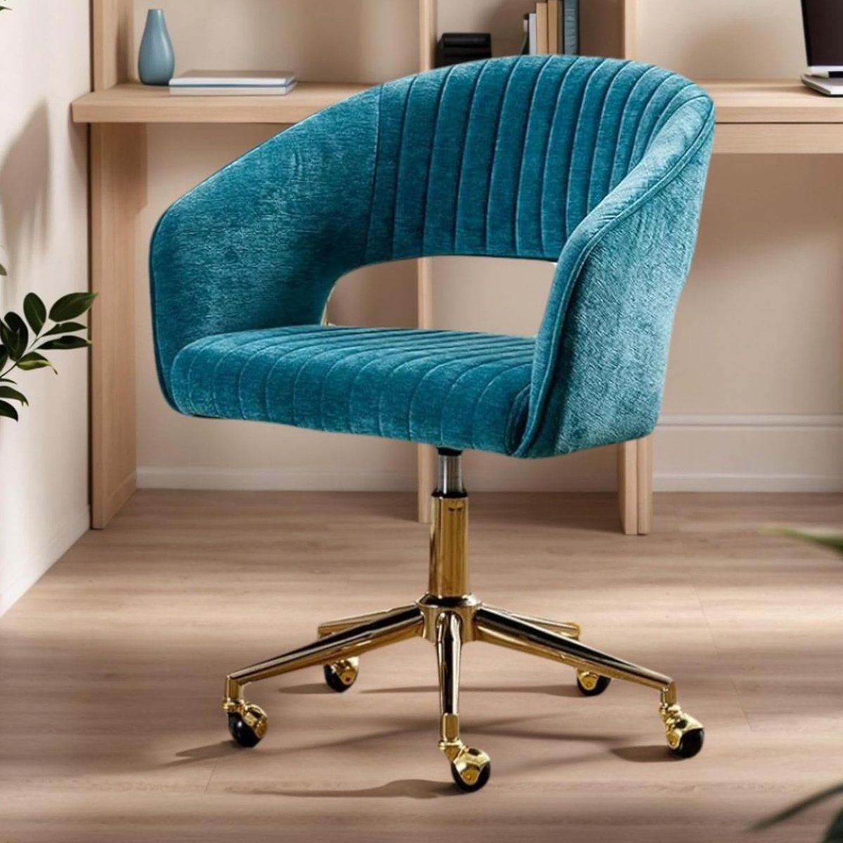 Bureaustoel Verstelbaar met Wielen - Chenille Draaistoel met Armleuningen, Open Rug Home Office Stoel turquoise- 60x57x76 cm - Vermissen