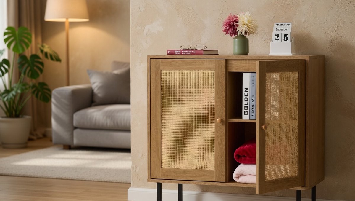 Commode, 80 x 80 x 40 cm, woonkamer, keuken, natuur/zwart | Sideboard, 2 Türen, 2 Fächer, Rattan-& Holzoptik-Mobili Bella