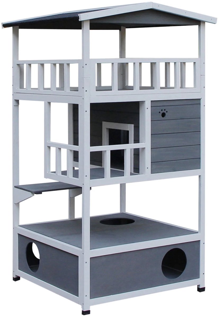 Sello! kattenhuis – hout – asfalt dak – binnen, buiten – weersbestendig – 3 verdiepingen – schuilplaats – L78 x B76 x H140 – grijs