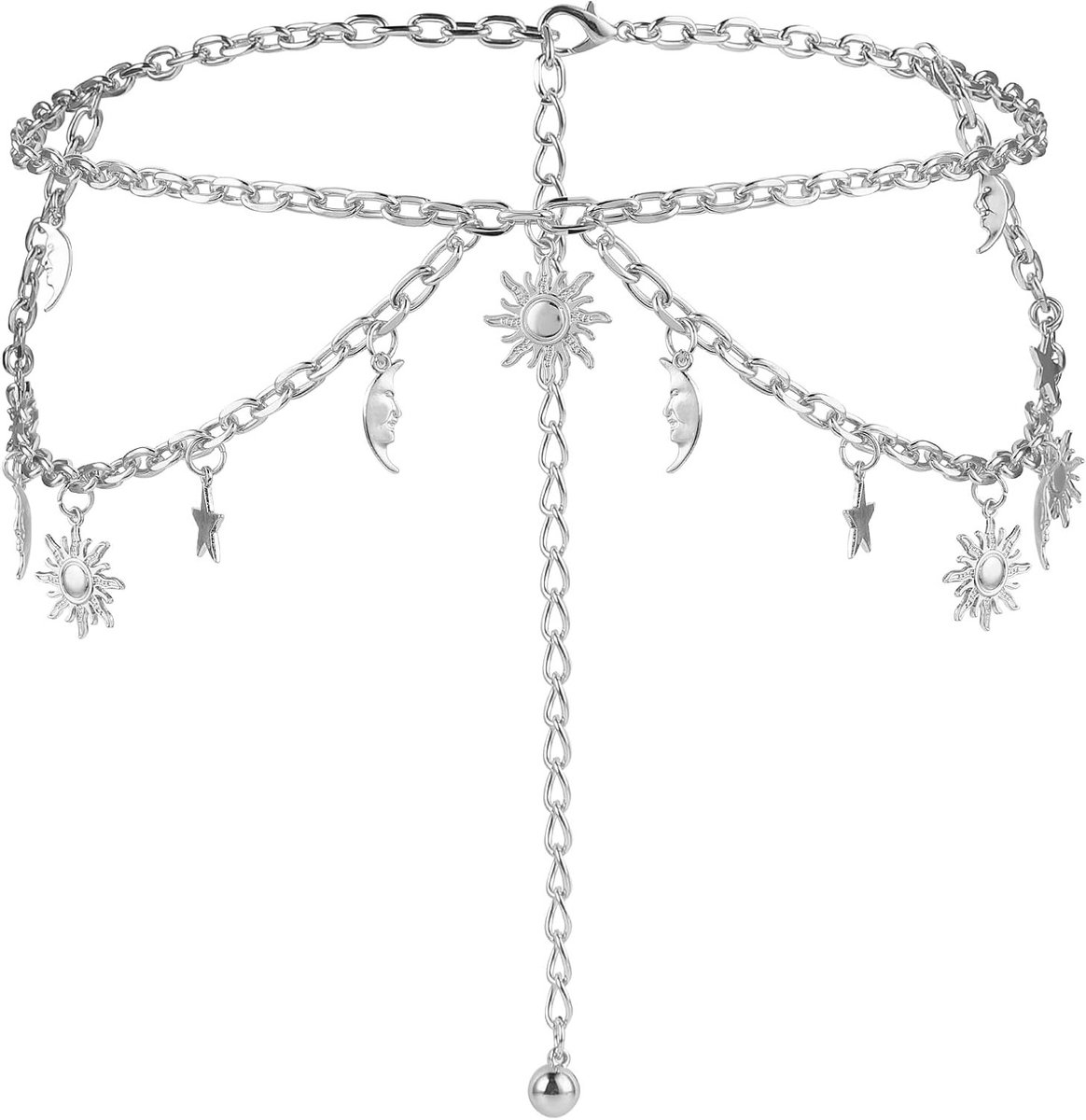 Dubbele Laag Vrouwen Metalen Kettingriem, Verstelbare Tailleketting met Maan en Ster Decor voor Jurken en Jeans, Modieuze Accessoire voor Elke Outfit