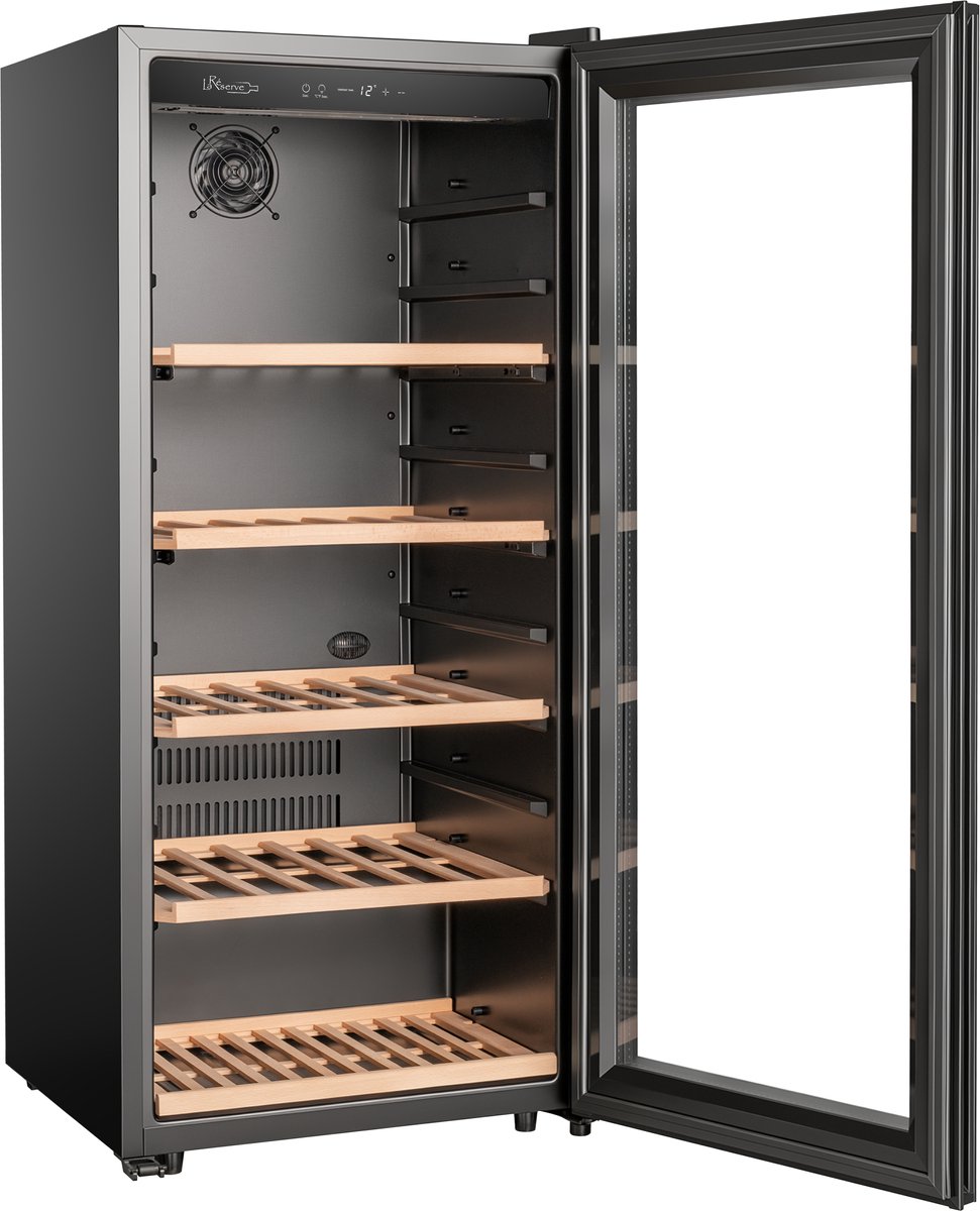 La Réserve RWC1102FN1 - Wijnkoelkast 102 Flessen – Vrijstaand – 1 Zone – Stil 38 dB – LED Display – Houten Leggers – Zwarte Glazen Deur
