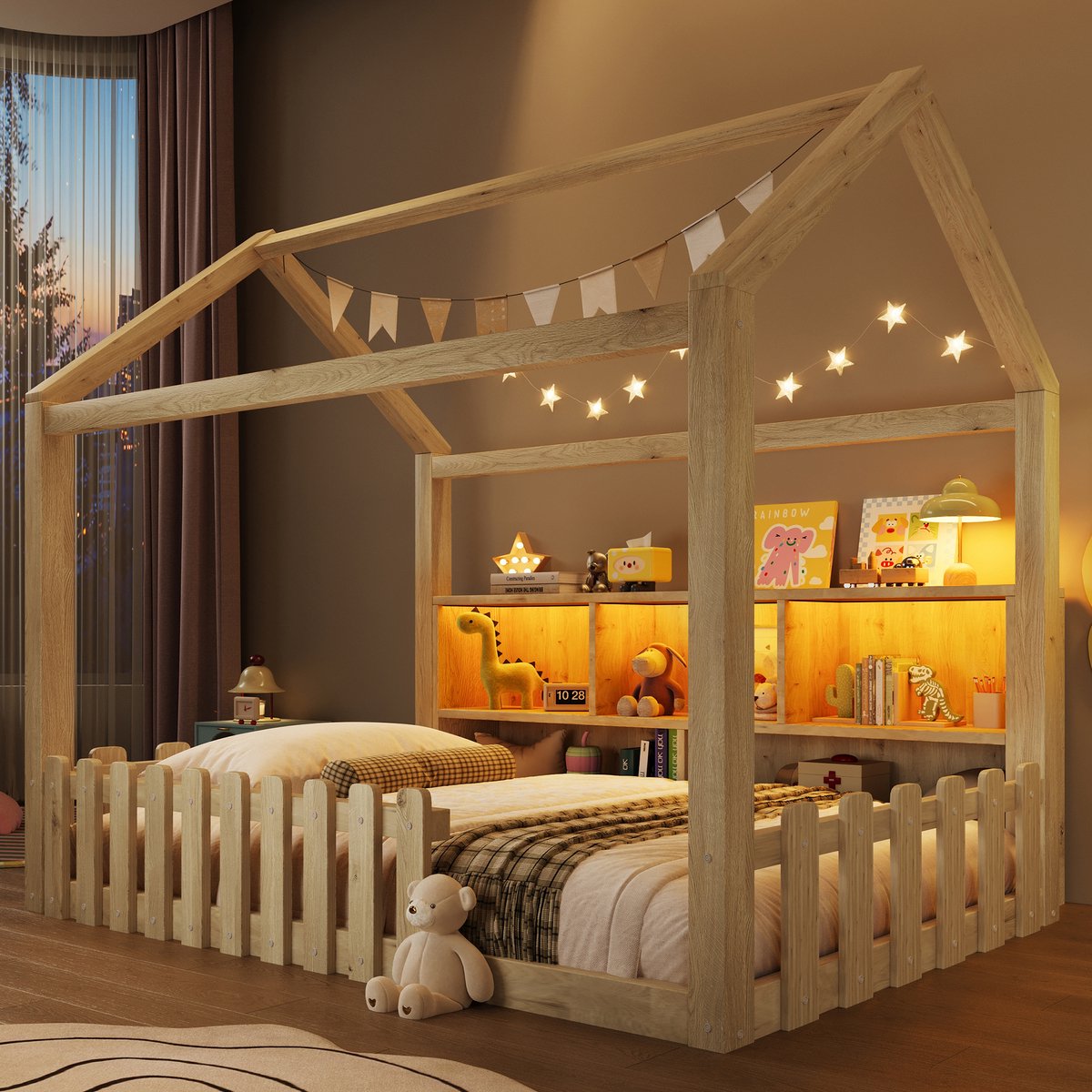 LemonBest Kinderbed huisbed 90x190 cm - laag bedhuisje met veiligheidshek en opbergvakken - LED verlichting - massief grenenhout - naturel
