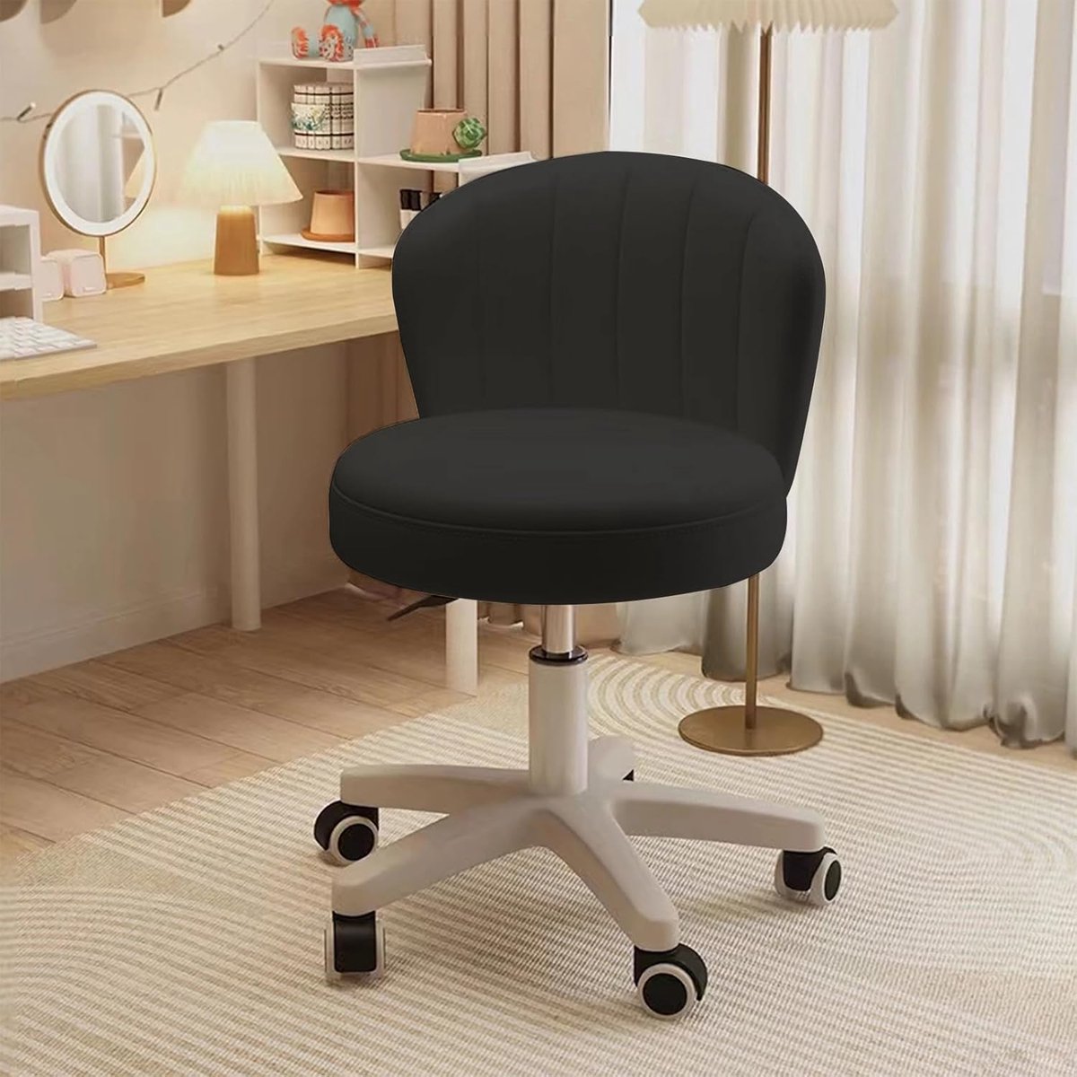 Bureaustoel met Wieltjes Zonder Armleuningen - Make-up Stoel Verstelbaar, Draaistoel 360° met Rugleuning zwart Rolstoel voor Thuis Kantoor en Slaapkamer - 43x43x50 cm - Vermissen