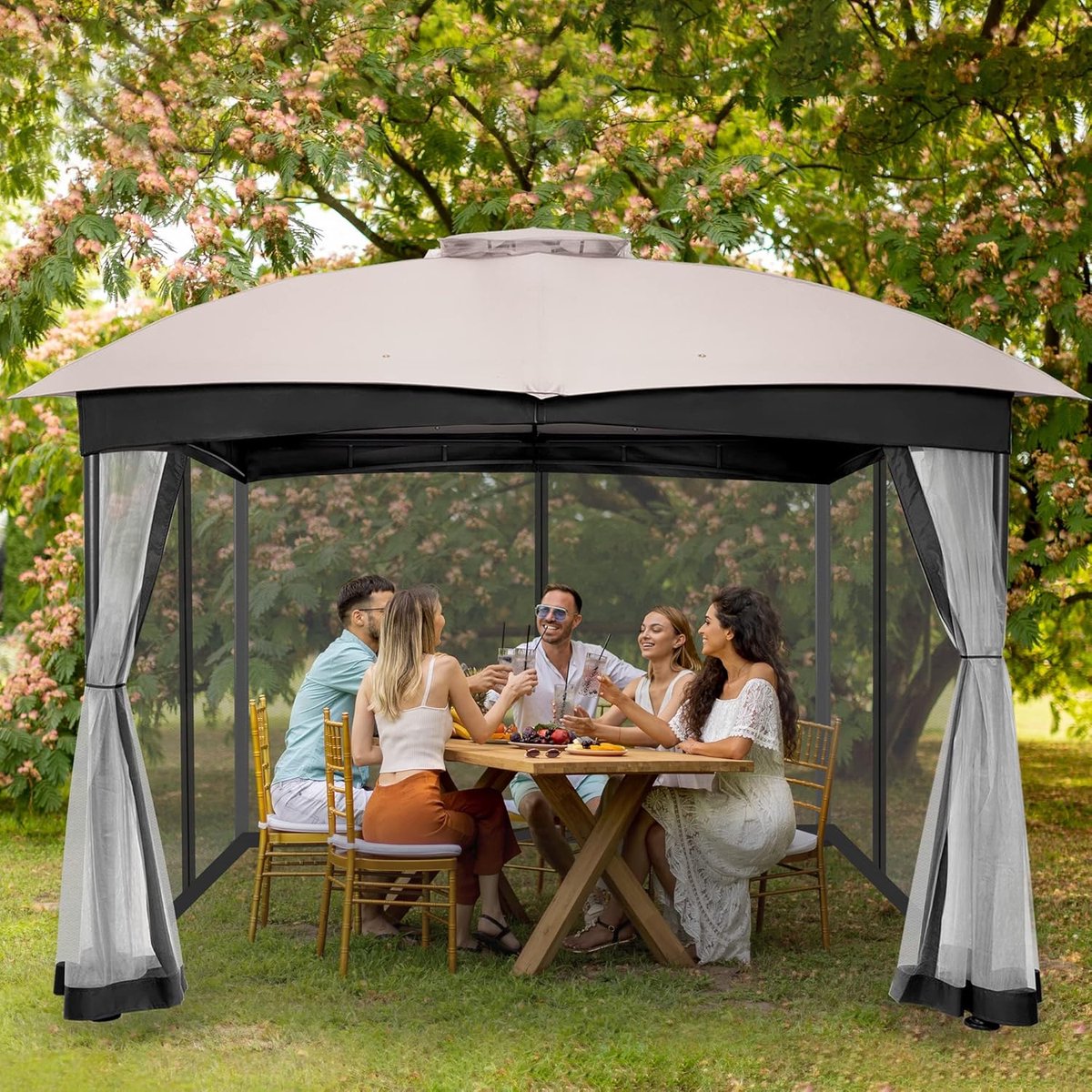 Tuinpaviljoen 3x3m Waterdicht met Muggennet & Stalen Frame – Winterbestendig, UV-Bescherming, Dubbele Ventilatie, Inclusief Zandzakken – Asgrijs – Nicolehome